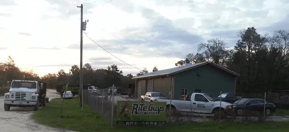The Rite Guys Tree Service yard in Spring Hill, Florida with the company sign and work truck